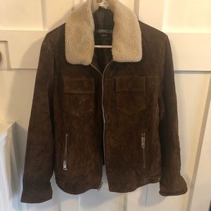 Brown leather jacket with faux sheep collar